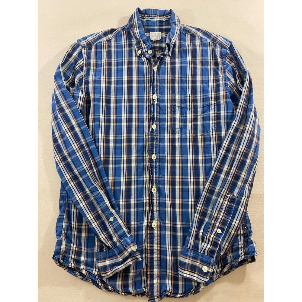 J.Crew Sunwashed Oxford Shirt Mens Small Blue Orange Plaid LS Button Down